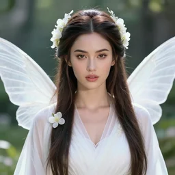 2 8 mm headshot of a beautiful megan fox ethereal magical young winged fairy princess wearing a white robe and flowers in her hair in a fantasy garden, d & d, fantasy, intricate, rim light, god rays, volumetric lighting, elegant, highly detailed, digital painting, artstation, concept art, smooth, sharp focus, illustration, art by greg rutkowski, maxfield parrish and alphonse mucha, new art nouveau, soft ambient lighting, tarot card