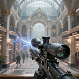 a sniper sight aiming on a victorian shopping mall, cinematic lightning, ray tracing, unreal engine 5, photorealistic, 8 k, uhd, 4 k, fps game concept, extremely detailed, beautiful, elegant, intricate, foggy, in - game footage