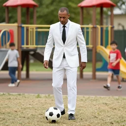 hitman wearing his usual white suit and play soccer with the kids in the playground.