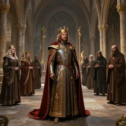 medieval hall with king, royalty, courtisans, monks, artstation, fantasy, high details, digital art