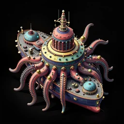 transport ship with round shapes and tentacles, colored, lovecraftian horror, isometric illustration, technical drawing, sci fi, black background, vector art, well lit, octane render