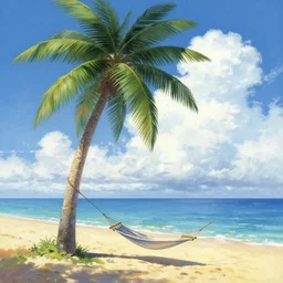 goro fujita ilustration of a summer beach with palm tree and clouds and a hammock, painting by goro fujita, sharp focus, highly detailed, artstation