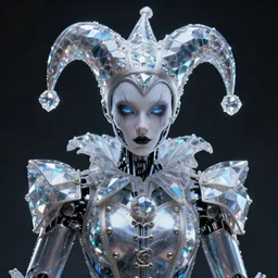front shot of a court jester character, holographic crystals, bionic futurism, robotic, ominous elegant detailed concept artstation sharp focus ray tracing cinematic masterpiece fine portrait, by artgerm and greg rutkowski and tooth wu and beeple