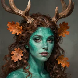 beautiful digital painting of a beautiful woman with teal skin and antlers made of wood on her head, brown curly hair with orange oak leaves, D&D, fantasy, intricate, beautiful eyes, cinematic lighting, highly detailed, digital painting, Artstation, concept art, smooth, sharp focus, illustration, art by Artgerm and Greg Rutkowski and Alphonse Mucha