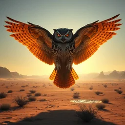 monstrously large owl blocking the sun with its huge wingspan, desert, artstation, 3 d render, photorealistic