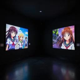 low light museum, sparse room, black walls, dark lighting, oled lights in corners, soft neon lights, black showroom, cel - shading, 2 0 0 1 anime, flcl, jet set radio future, the world ends with you, kid a, cel - shaded, strong shadows, vivid hues, y 2 k aesthetic, art by artgerm