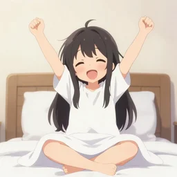 adorable anime girl sitting up in bed waking up and stretching  adorable cute
