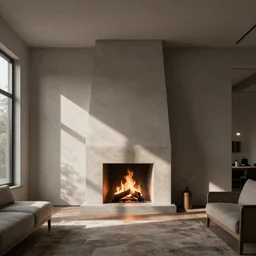 a room with a fireplace in the middle, a digital rendering by ricardo bofill, featured on cg society, hypermodernism, vray tracing, rendered in unreal engine, liminal space