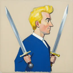 greg manchess side portrait of a blond man in a blue suit with a big sword, asymmetrical, profile picture, organic painting, sunny day, matte painting, bold shapes, hard edges, street art, trending on artstation, by huang guangjian, gil elvgren, ruan jia, randy vargas, greg rutkowski