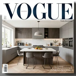 magazine cover page, 2 1 st century kitchen design, ultra detailed, photo realistic, top graphic design, futuristic font, title designer, trending on artstation, style of vogue magazine, style of wallpaper magazine