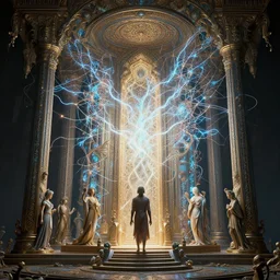 highly detailed surreal vfx avante garde portrait of a 3 d light temple, polyphonic bio - communications, arcane ritual, entangled vibrating, electricity, ultra detailed, ornate, hyperrealistic, octane render, chiaroscuro, inspired by james jean & android jones & william morris & johannen voss & alphonse mucha, unreal engine