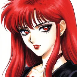 highly detailed professional portrait of 9 0 s seinen manga art of goth woman with red hair, black makeup, and red eyes. chunibyo. manga cover. drawn by, stunning