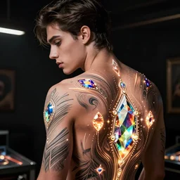 extremely beautiful and handsome young man. pinballpunk. he has beautiful, elegant light - emitting tattoos on his back. tattoos have jewel tones, gradients, intricate line work. professional photography in a dark room, zero flash, light only comes from tattoos.