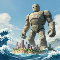friendly bipedal stone giant standing in sea protecting small island citywith skyscrpers from a tidal wave, low angle, concpet art, digital painting, high detail