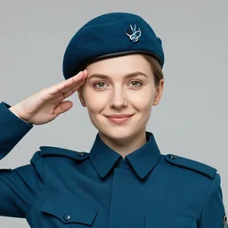 portrait bust of young woman with light brown hair and hazel eyes dressed in a sharp dark teal military uniform with beret, saluting, smiling at camera, ilya kuvshinov