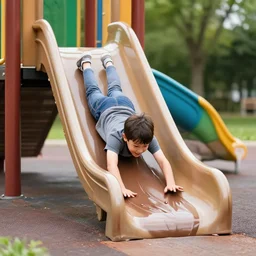 kid sliding down chocolate pudding slip n slide head first, professional photo taken at the park