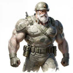 detailed character concept illustration, strong muscular older soldier, white uncrop background, sharp focus, illustration, highly detailed, digital painting, concept art, matte, art by wlop and artgerm and greg rutkowski, masterpiece