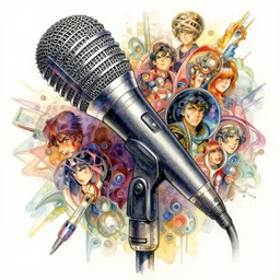a beautiful insanely intricate watercolor illustration of microphone, reflexions, colorfull, by william turner art, by greg rutkowski, by james jean, by rossdraws, by frank frazetta, by sakimichan, by edmund dulac, trending on artstation, insanely detailed, masterpiece