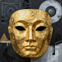 Gold Mask Painting by Sachin Teng, asymmetrical, Organic Painting , Matte Painting,  geometric shapes, hard edges, graffiti, Black, Gold, White, street art,:2 by Sachin Teng:4