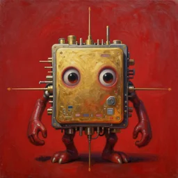 grim oil painting of good and friendly sentient ai machine core, symmetrical, golden ration, red color scheme, realistic shaded lighting, octaine rendering, wallpapper, magali villeneuve, trending on artstation