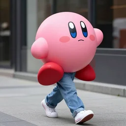 photo of a humanoid kirby from nintendo in casual clothes, humanoid pink kirby walking, kirby walking down the street in casual clothes, literally humanoid kirby walking on the sidewalk