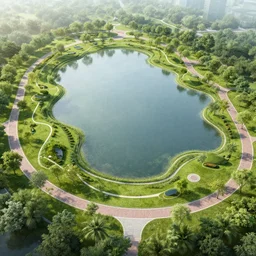 concept art of an ecological park with a giant lake and paths around it in california, small white ecological hotels built around it, sunset light, hyperdetailed, artstation, cgsociety, 8 k