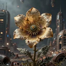 grotesque flower in the middle of abandoned alien cityscape, bokeh, ultradetailed by Giuseppe Arcimboldo and Passarotti