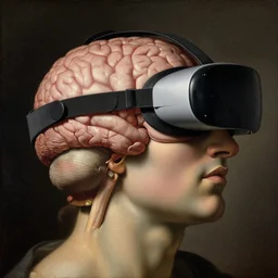 Caravaggio painting of an anatomicaly acurate brain with a VR headset