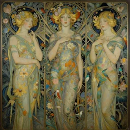 breathtaking detailed concept art painting art deco pattern of blonde faces goddesses with blend of flowers and birds, by hsiao - ron cheng and john james audubon, bizarre compositions, exquisite detail, extremely moody lighting, 8 k