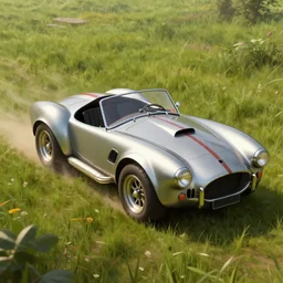 a detailed matte painting of solaire of astoria diving a shelby cobra through a grassy field, how do you turn this thing on, age of empires, volumetric lighting, 8 k, octane render, by greg rutkowski