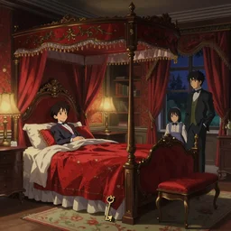 an ornate red victorian bedroom, in the evening, 1 8 9 0, key visual, conceptart, ambient lighting, highly detailed, digital painting, artstation, concept art, sharp focus, by makoto shinkai and akihiko yoshida and greg manchess
