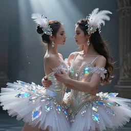ancient greek and gypsy culture crossover, male and female, ballet, iridescent and opalescent, twilight, refractive crystal, elegant, feather hair ornaments, highly detailed, digital painting, glowing particles, misty, cinematic lighting, god rays, smooth, sharp focus, art by nixeu, by wlop, by alphonse mucha.