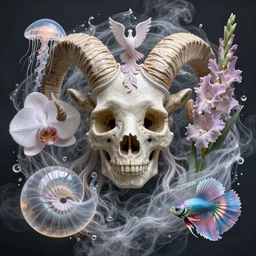 3 d close - up macro simple coherent portrait of the goddess ram skull in midsommar style surrounded by smoke and water energy flow mixed with jellyfish phoenix bird giant orchid flower and giant gladiola betta fish, intricate, elegant. translucent nautilus, highly detailed, by wlop, tooth wu, greg rutkowski, alena aenami