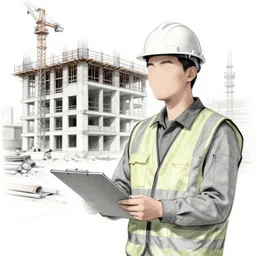 civil engineer in front of building under construction, hand drawn, sketch