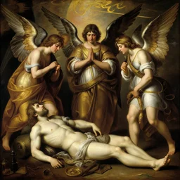 Council of golden angels judging a lost soul, oil painting by Diego Velázquez