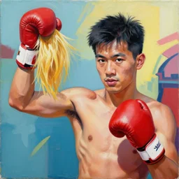 a filipino boxer holding up a lock of blond hair, organic painting, sunny day, matte painting, bold shapes, hard edges, street art, trending on artstation, by huang guangjian, gil elvgren, ruan jia, randy vargas, greg rutkowski