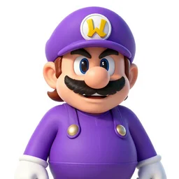 a man with a long pinkish nose, a moustache like Salvador Dali,long-sleeved purple shirt, a purple hat with a yellow Γ symbol (an inverted L, paralleling Wario's W as an upside-down M), orange shoes, and white gloves with a yellow Γ symbol as well. Digital art