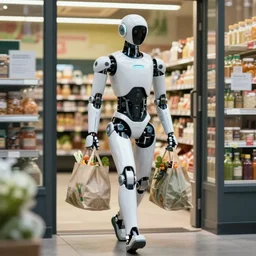 photojournalism of sleek humanoid robot walking out of grocery store carrying grocery bags