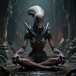 ominous cinestill of xenomorph alien queen meditating since giger sanctuary weirdcore interior. hyperrealistic ( aliens 1 9 8 6 ) 🎥 ridley scott, james cameron. octane beautifully detailed render, extremely hyper detailed, intricate, epic composition, cinematic lighting, masterpiece, trending on artstation, very very detailed, stunning, hdr, smooth, sharp focus, high resolution, award, winning photo, dslr, 5 0 mm