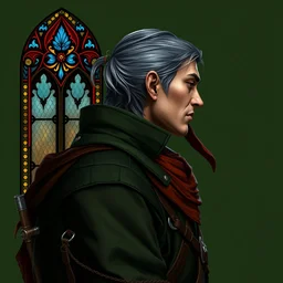 detailed side - view portrait of the elf iorveth from the witcher 2, green coat, red bandana, tenth century stained glass window, green background, very masterful