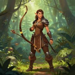 Gorgeous Jungle Ranger, brown armor, thick bow, ornamental arrows, savage, leggings, high fantasy, elf, brown hair, artstation