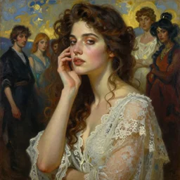 a stunning surrealistc portrait painting of goddess angela sarafyan, contemplative, hybrid oil painting, high fashion, lace clothing, scenic background, art by jeremy pitkin, alphonse mucha, greg rutkowski, tim hildebrandt, boris vallejo, artgerm