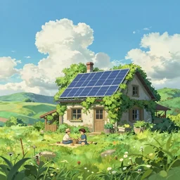 a wonderful, pastoral scene. studio ghibli style painting of a house covered in greenery and solar panels. a farmer is having a picnic in the rolling hills. beautiful partially cloudy sky. blue sky. sunshine. lens flare. solarpunk.