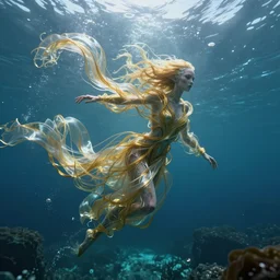 an alien woman in an underwater landscape, her body is made of thousands of thin ribbons of translucent gold and silver fabric that are twisting, swirling, and pulling apart in the swift current, caustics lighting from above, highly detailed, fantasy, octane render