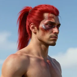 portrait, 30 years old man :: red hair ponytail :: burned face, rough, shirtless :: sky, high detail, digital art, RPG, concept art, illustration