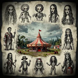 abandoned carnival horror design, character sheet, Moebius, Greg Rutkowski, Zabrocki, Karlkka, Jayison Devadas, Phuoc Quan, trending on Artstation, 8K, ultra wide angle, zenith view, pincushion lens effect