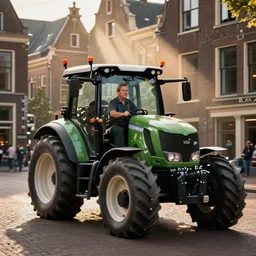 mark rutte driving a tractor, as farmer, on dam square