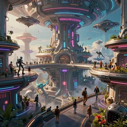 a beautiful concept art, cyberpunk 2 0 7 7, hi tech neon space colony terraced in multiple levels, with people walking, cyber robotics creatures, large space ships, scenes from tron or blade runner cinematic, by wayne barlow, greg rutkowski, bright lit, hyper detailed, vibrant, fantasy, 8 k hdr, digital, artstation, cg