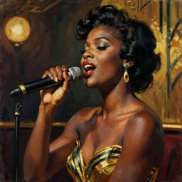 art deco painting of a sultry black woman singing jazz in a club, style of Will Eisner