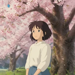 girl under a cherry blossom tree in the style of studio ghibli. hyperdetailed photorealism, 1 0 8 megapixels, cinematic lighting